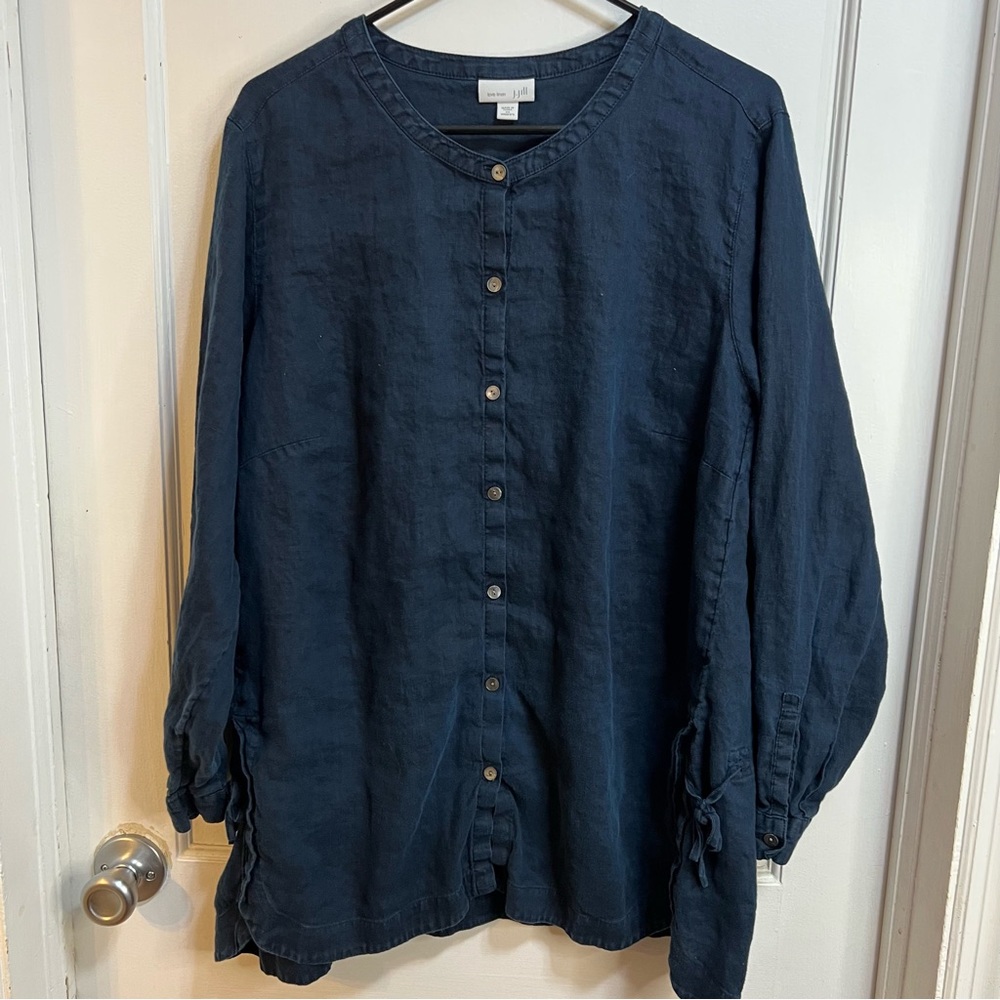 J Jill Love Linen Navy Blue Button Down Tunic Blouse Top 100% Linen Size 2X